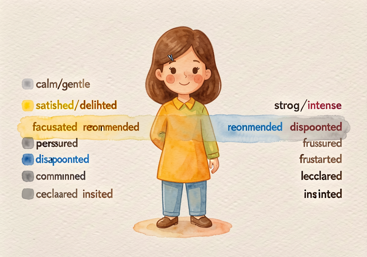 Continuum strip with all 10 Tier-2 Set 6 words arranged left (calm/gentle) to right (strong/intense): satisfied → deligh