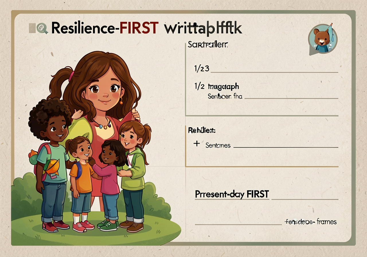 Resilience-FIRST writing scaffold card with template paragraph 1/2/3 + sentence frames + reminder 'present-day FIRST'.