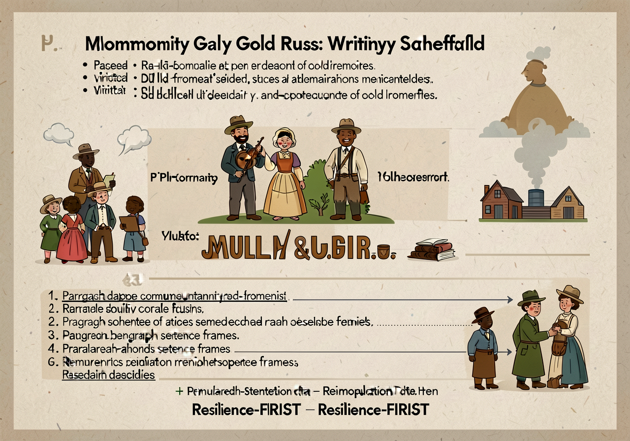 4-paragraph multi-community Gold Rush writing scaffold with per-paragraph sentence frames + reminder of population data 