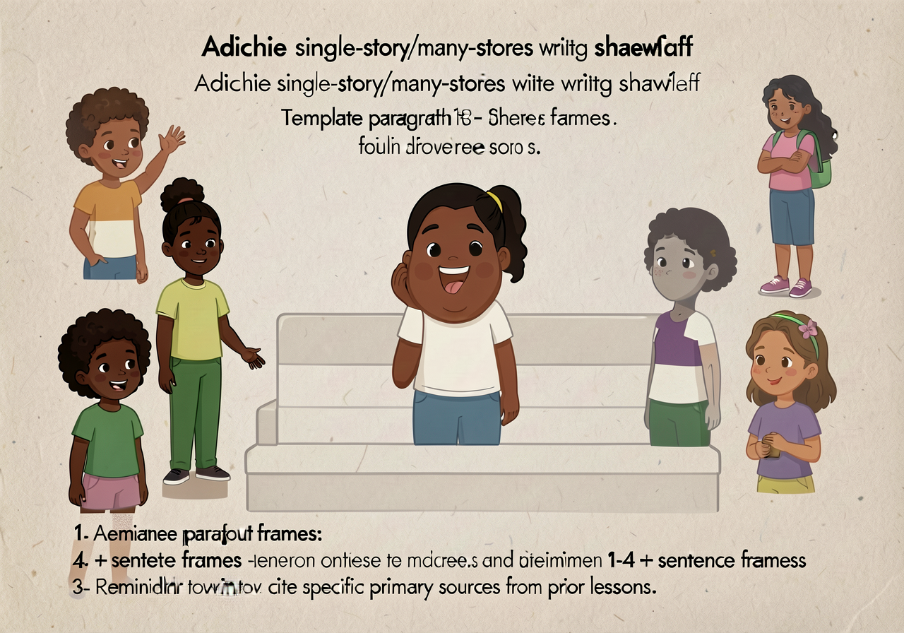Adichie single-story/many-stories writing scaffold with template paragraph 1-4 + sentence frames + reminder to cite spec