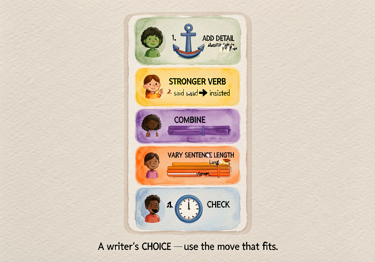 Full revision-moves anchor at 11x17: 5 numbered cards in a vertical strip. 1. ADD DETAIL (green, adjective+adverb+prep-p