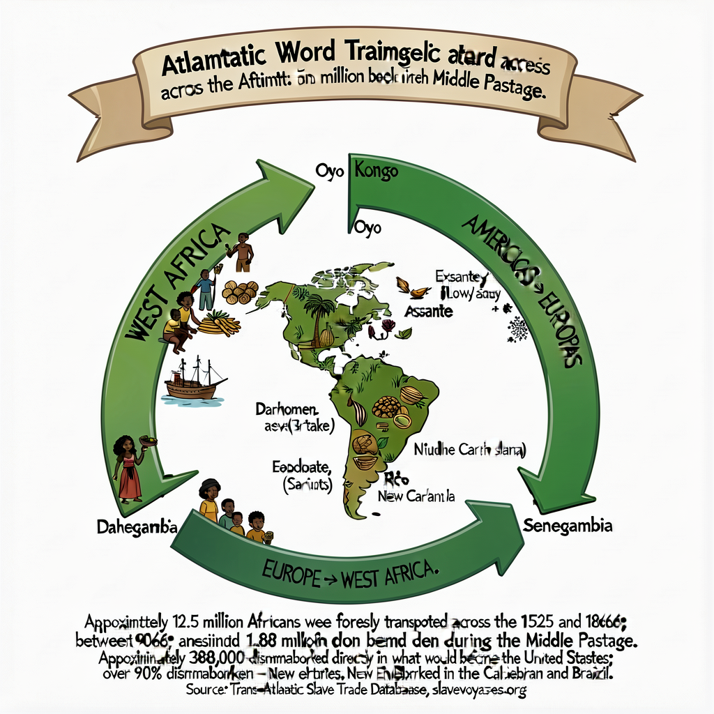 Atlantic World Triangular Trade Diagram — three large curving arrows connecting West Africa, the Americas, and Europe, w