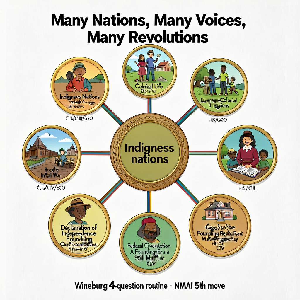 Unit 11-Thread Concept Map — large central poster showing 11 thread medallions arranged around the title 'Many Nations, 