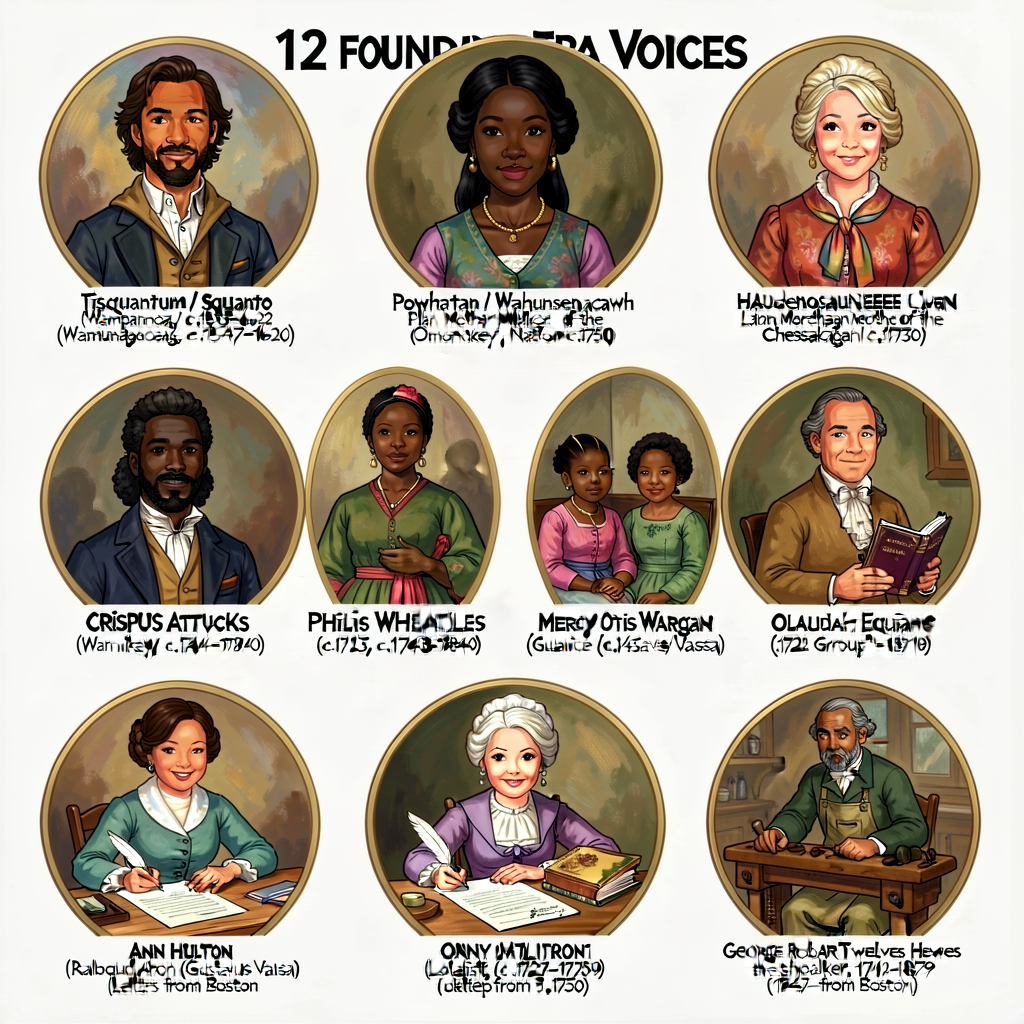 12 Founding-Era Voices Gallery — 12-portrait illustration grid showing the 12 voices that anchor the Capstone Storybook 