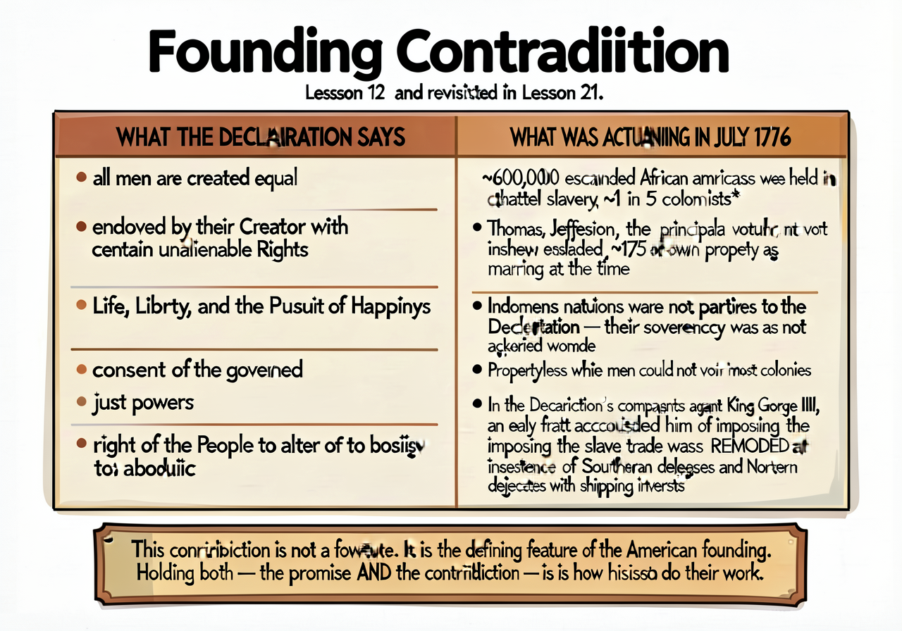 The Founding Contradiction T-Chart — large unit-wide poster used in Lesson 12 and revisited in Lesson 21. LEFT COLUMN la