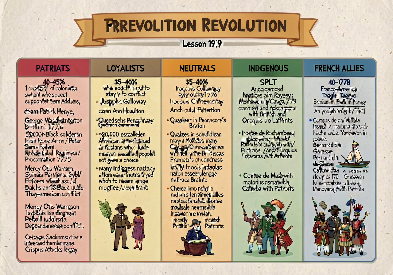 Multi-Perspective Revolution 5-Column Chart — large unit-wide chart used in Lesson 19. COLUMNS: (1) PATRIOTS — the 40–45