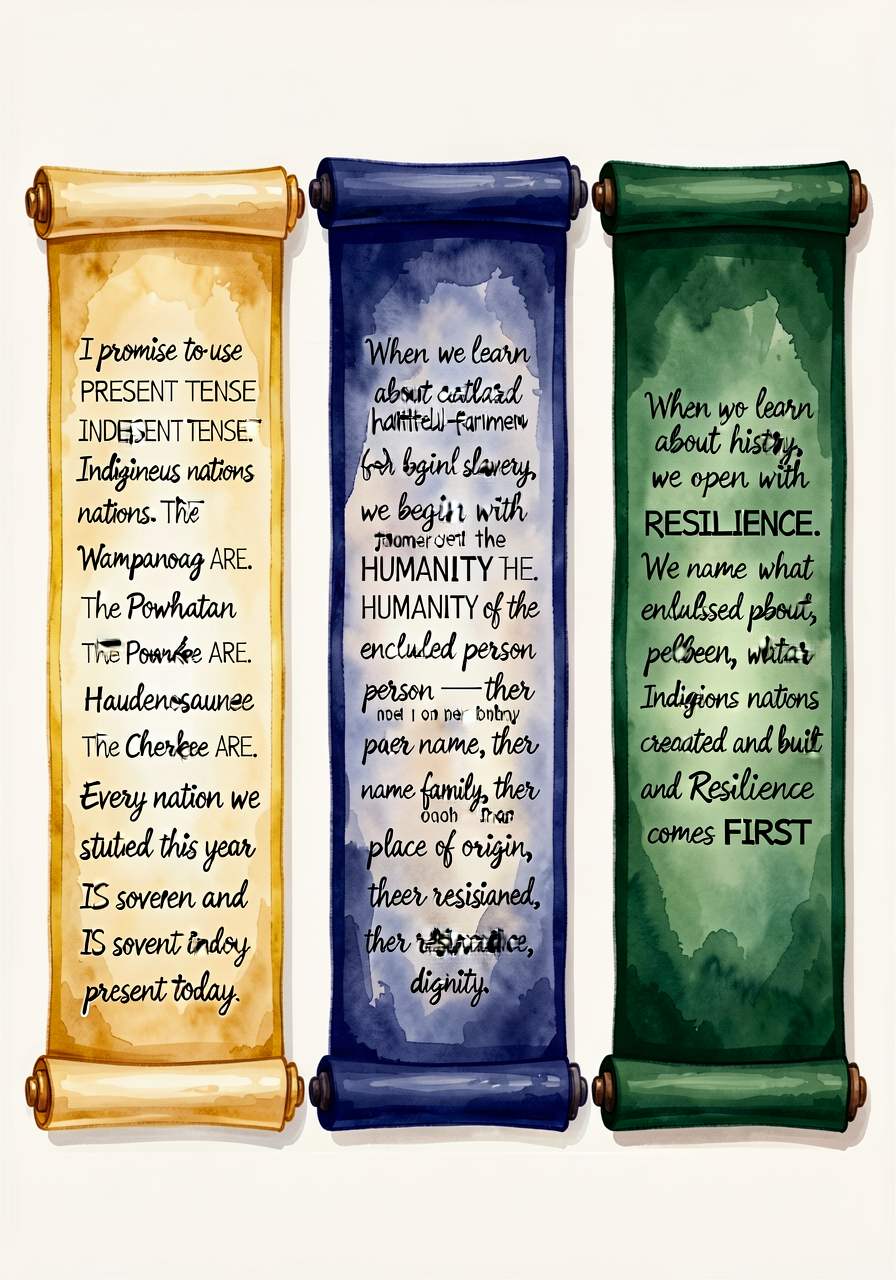 Three vertical scroll-style posters mounted side-by-side at child-eye-level reading height. LEFT scroll (MG-8 Sovereignt