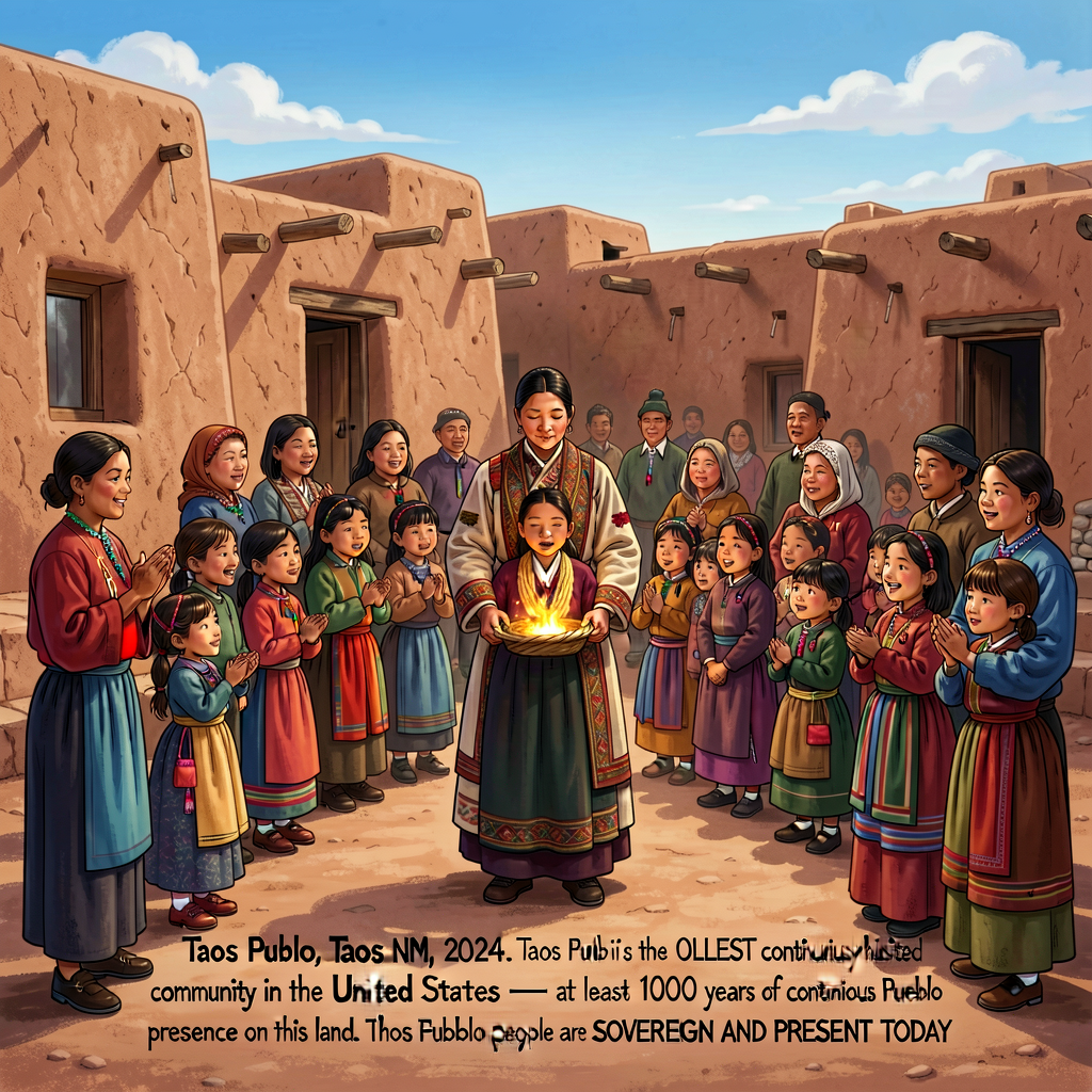 Photograph of children at Taos Pueblo (Taos NM, 2024) participating in a traditional ceremony with adobe pueblo architec