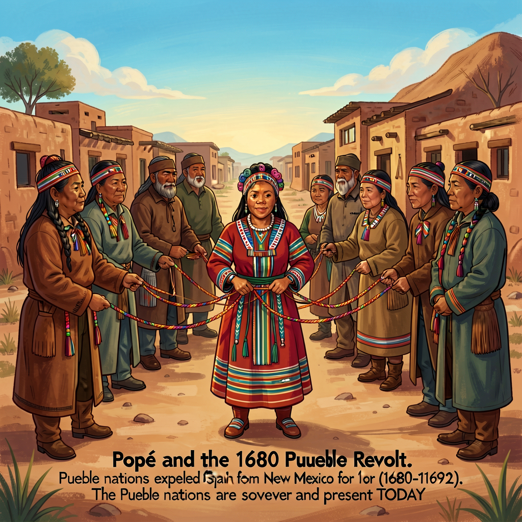 Illustration of Popé (Tewa, of Ohkay Owingeh Pueblo) coordinating with leaders from multiple Pueblo nations using knotte