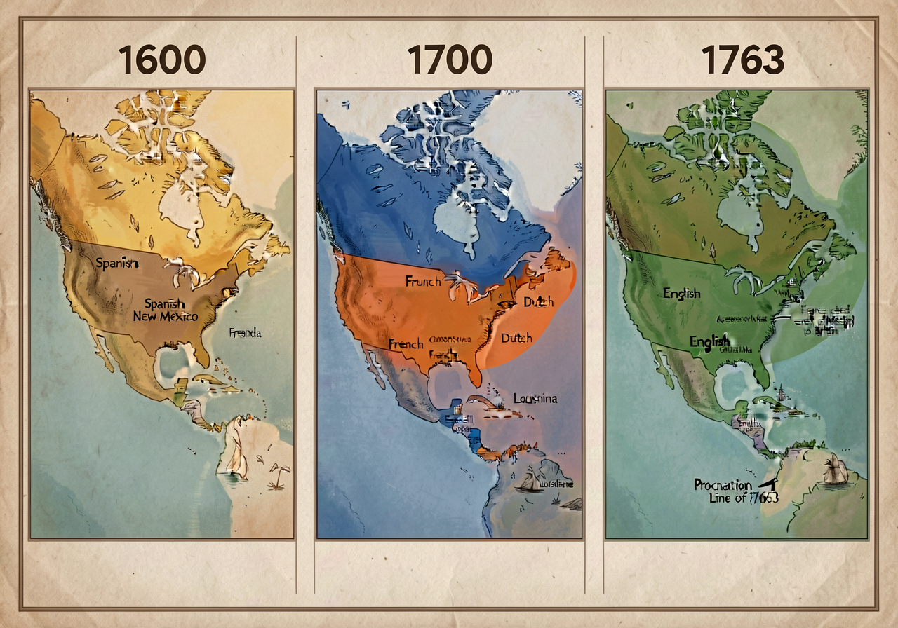 Three-panel large display showing North America at 1600 / 1700 / 1763 with translucent color overlays (Spanish = warm ye