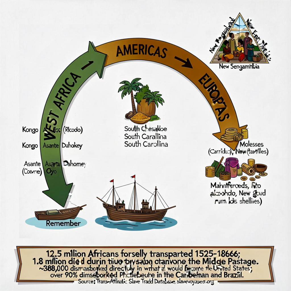 Large 36 x 48 inch wall diagram showing three curving arrows connecting West Africa, the Americas, and Europe. Each arro
