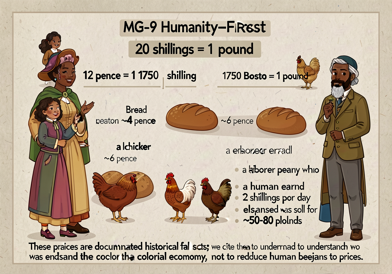 1 page reference chart: 12 pence = 1 shilling; 20 shillings = 1 pound; example conversions shown. A loaf of bread in 175