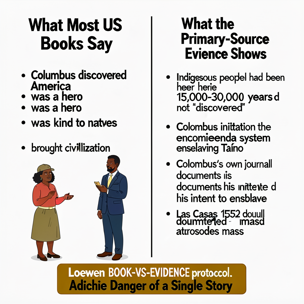 Large 24 x 36 inch wall poster with two parallel columns. LEFT COLUMN header 'What Most US Books Say' (4 bulleted entrie