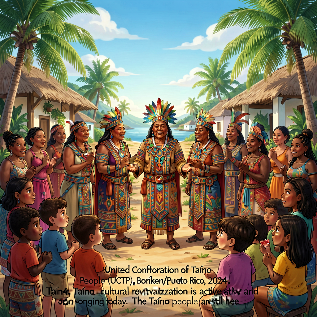 Photograph of a United Confederation of Taíno People (UCTP) gathering in Boriken (Puerto Rico), with adult Taíno-identif