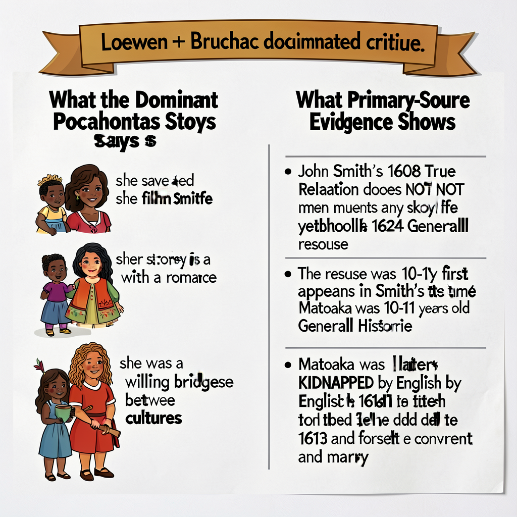 Wall poster with LEFT COLUMN 'What the Dominant Pocahontas Story Says' (4 entries: she saved John Smith / she fell in lo