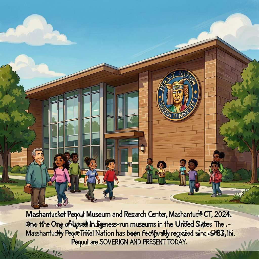 Photograph of the Mashantucket Pequot Museum and Research Center exterior (Mashantucket CT, 2024) showing the modern mus