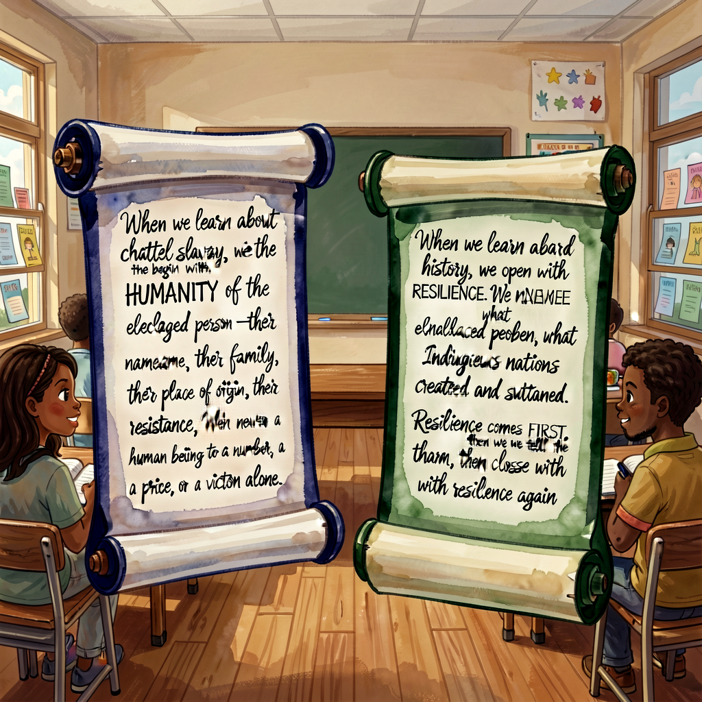 Two scrolls displayed prominently in the front of the classroom for the duration of the lesson. MG-9 (deep-blue border):