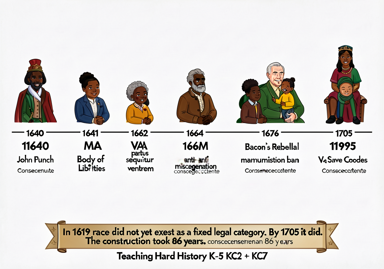 Large 24 x 36 inch wall poster with 7 numbered events arranged horizontally as a timeline: 1640 John Punch / 1641 MA Bod