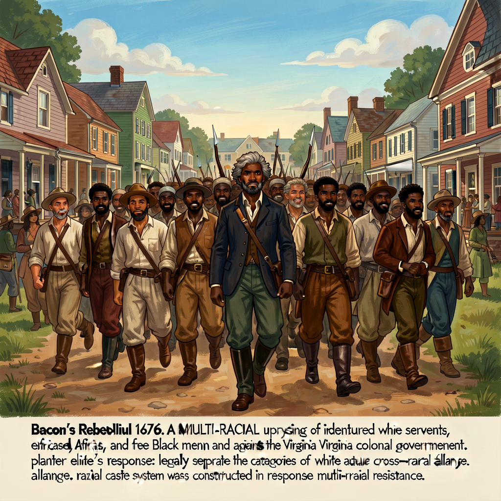Illustration of the 1676 Bacon's Rebellion showing the multi-racial coalition: white indentured servants, enslaved Afric