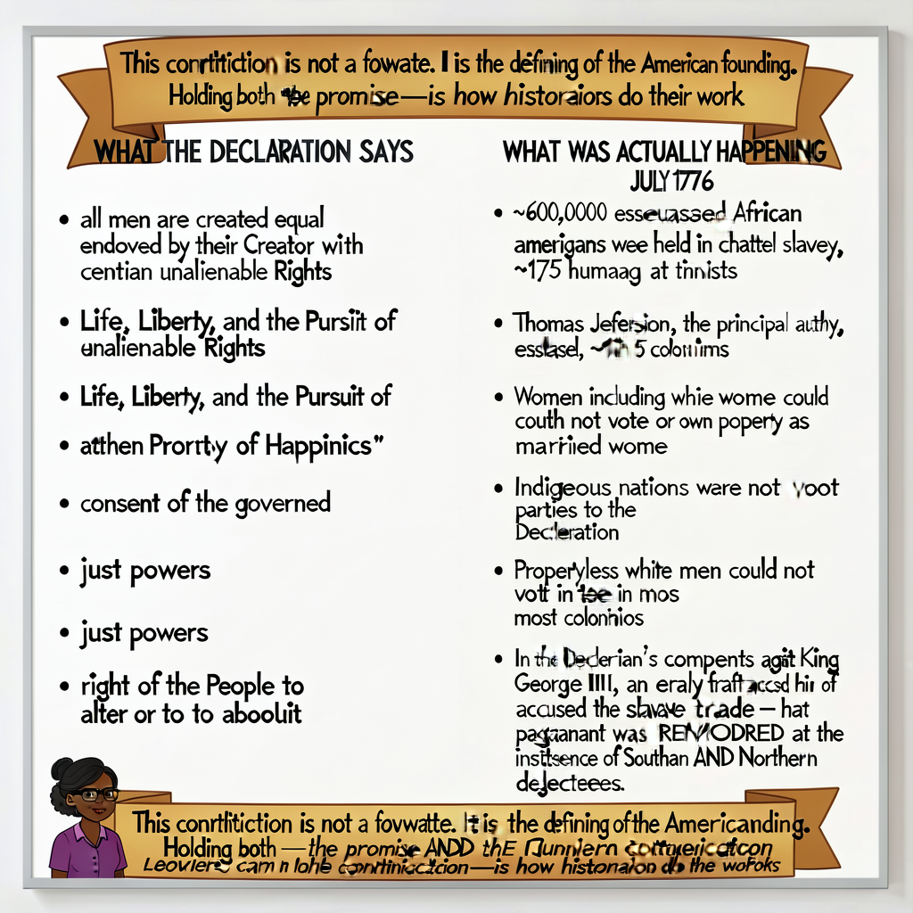 Large 24 x 36 inch wall poster with two parallel columns. LEFT COLUMN header 'WHAT THE DECLARATION SAYS' lists 6 quoted 