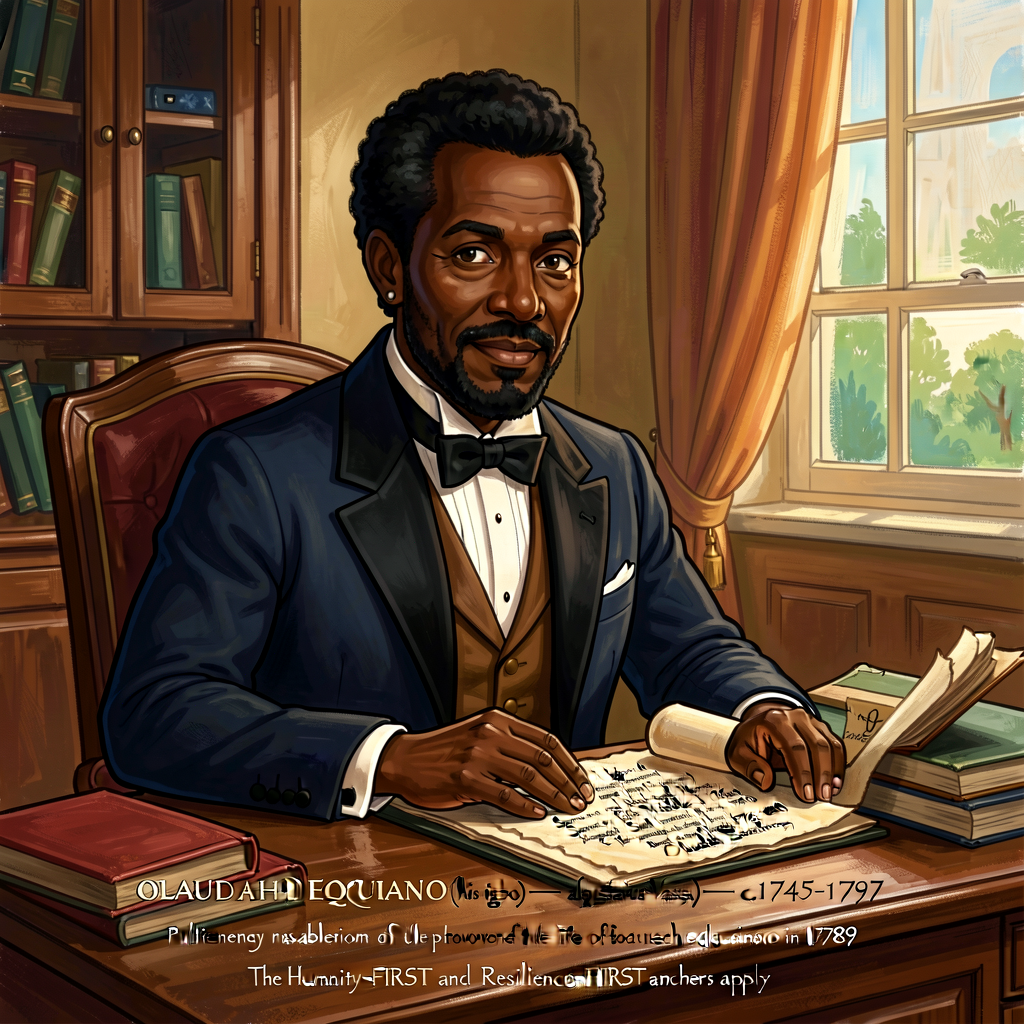 Portrait illustration of Olaudah Equiano (c.1745-1797) as an adult in 1789, shown in formal dress at his writing desk wi