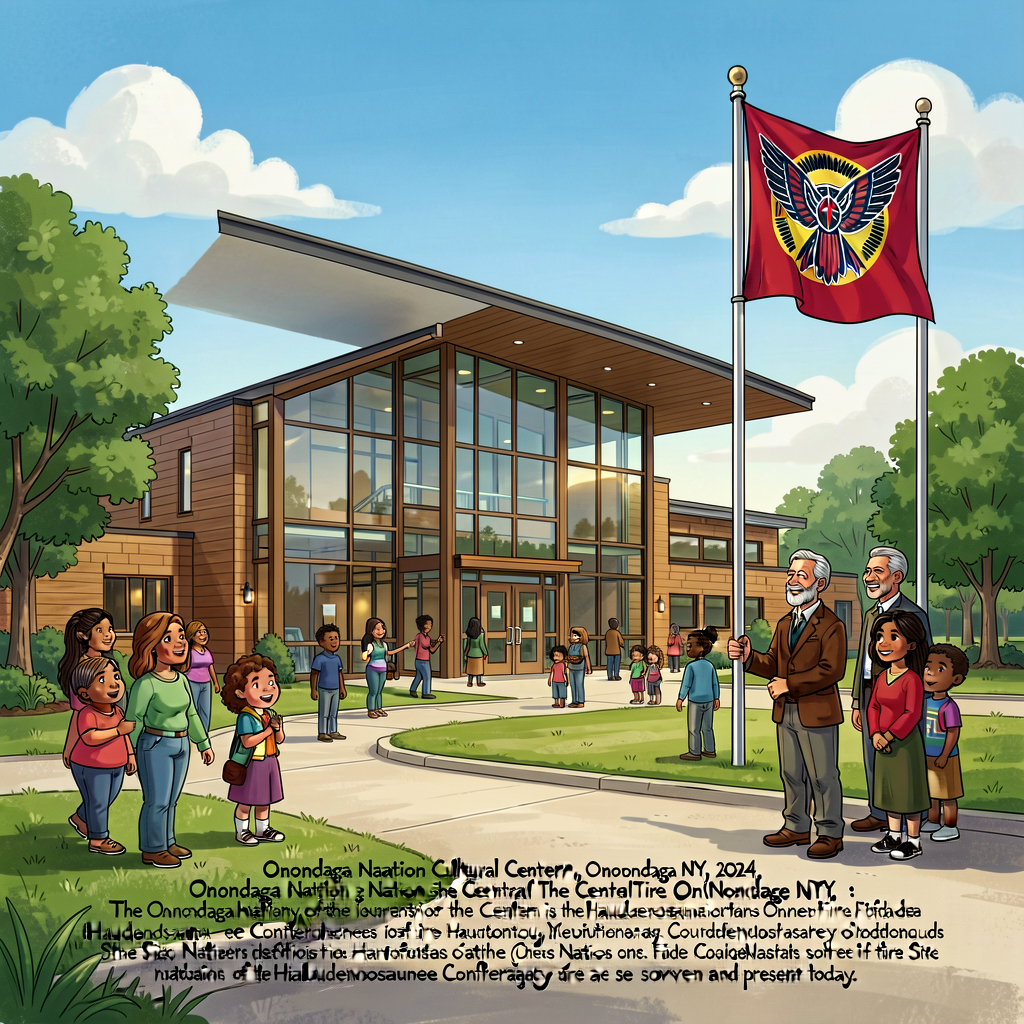 Photograph of the Onondaga Nation Cultural Center (Onondaga NY, 2024) showing the modern cultural center building and th