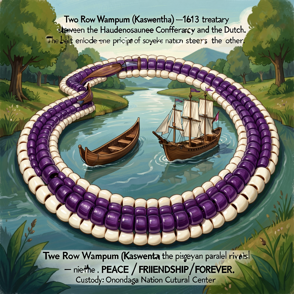 High-resolution photograph or detailed illustration of the Two Row Wampum belt — two parallel purple (quahog shell) rows