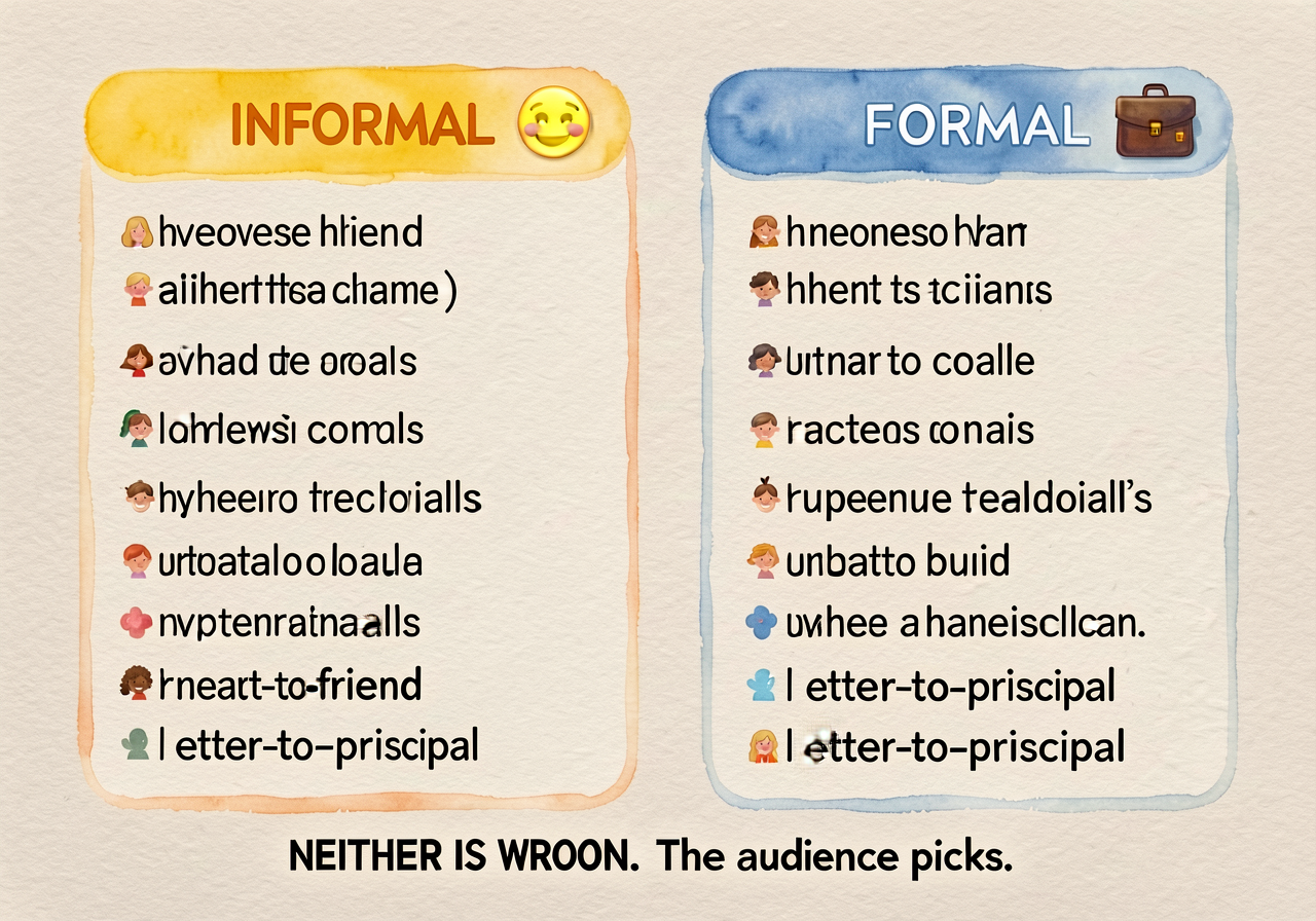 Reproduction of MG-9 at 11x17: two columns side by side — INFORMAL (yellow header, friendly emoji icon) | FORMAL (blue h