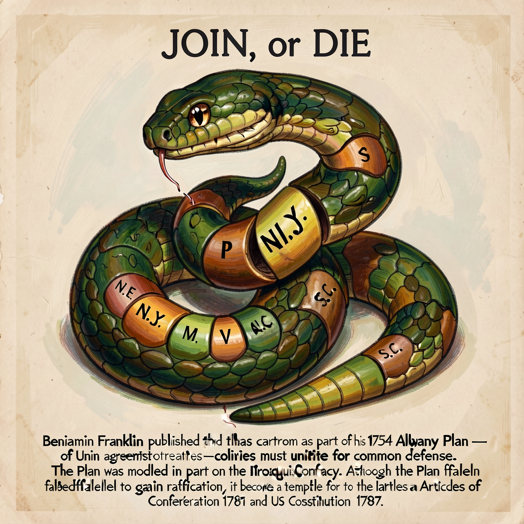 High-resolution image of Franklin's famous 'Join, or Die' political cartoon, originally published in the Pennsylvania Ga