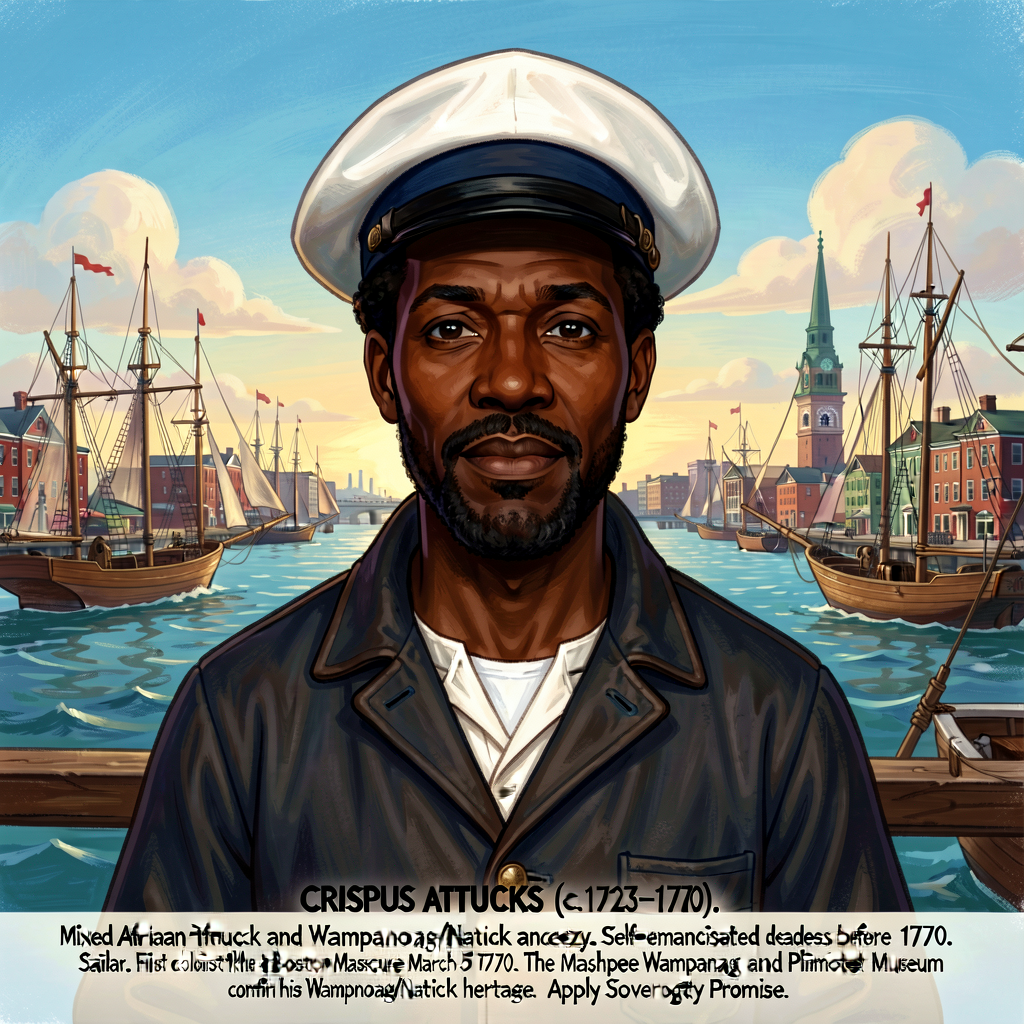 Portrait illustration of Crispus Attucks (c.1723-1770) as a sailor in his 40s in his free-Black-sailor working clothes, 