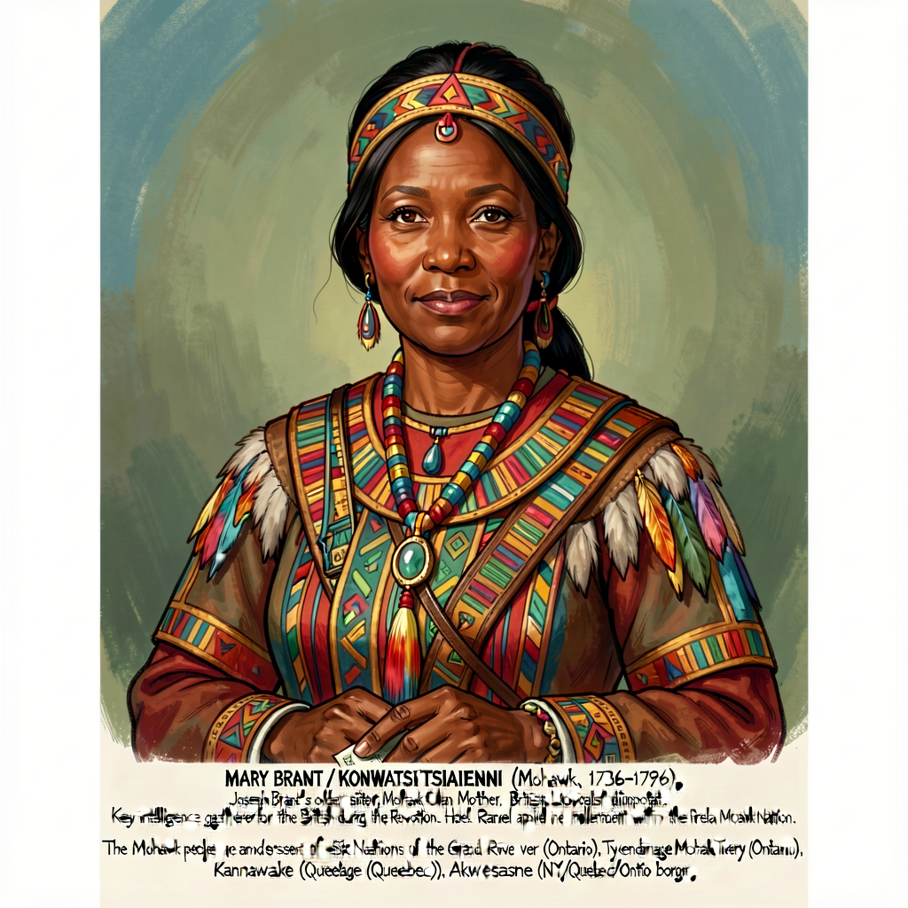 Portrait illustration of Mary Brant / Konwatsi'tsiaienni (Mohawk, 1736-1796) in her position as Clan Mother and British 