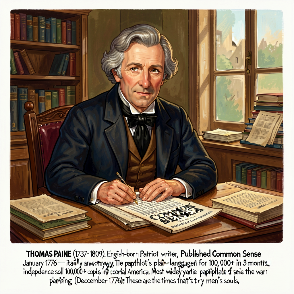 Illustration of Thomas Paine at his writing desk with the printed Common Sense pamphlet in front of him. Caption: 'THOMA