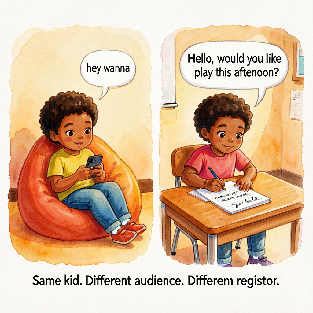 Side-by-side illustration of the SAME Grade-2 multicultural child: LEFT panel — slumped on a beanbag with a phone, texti