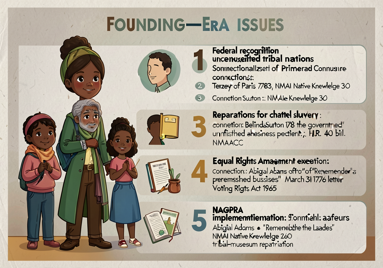 Classroom poster listing 5 selectable Founding-Era issues with primary-source connections. (1) Federal recognition of un