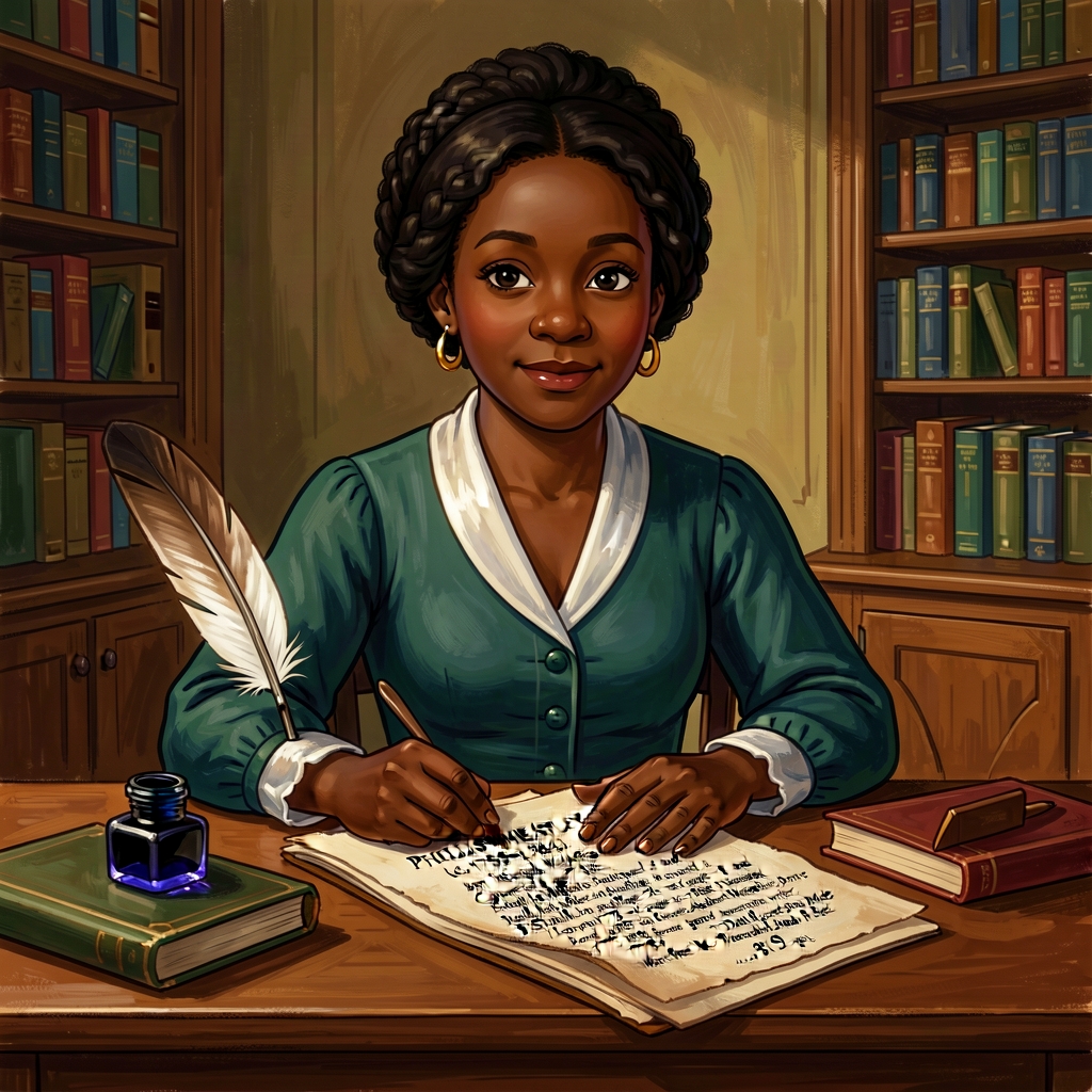 Portrait illustration of Phillis Wheatley (c.1753-1784) at her writing desk in Boston with her quill, ink, and manuscrip