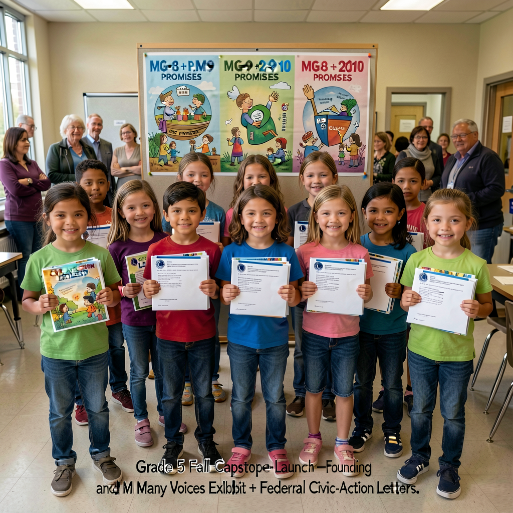 Composite class photograph (with caregiver consent for photos): the class standing in a half-circle holding the bound 40