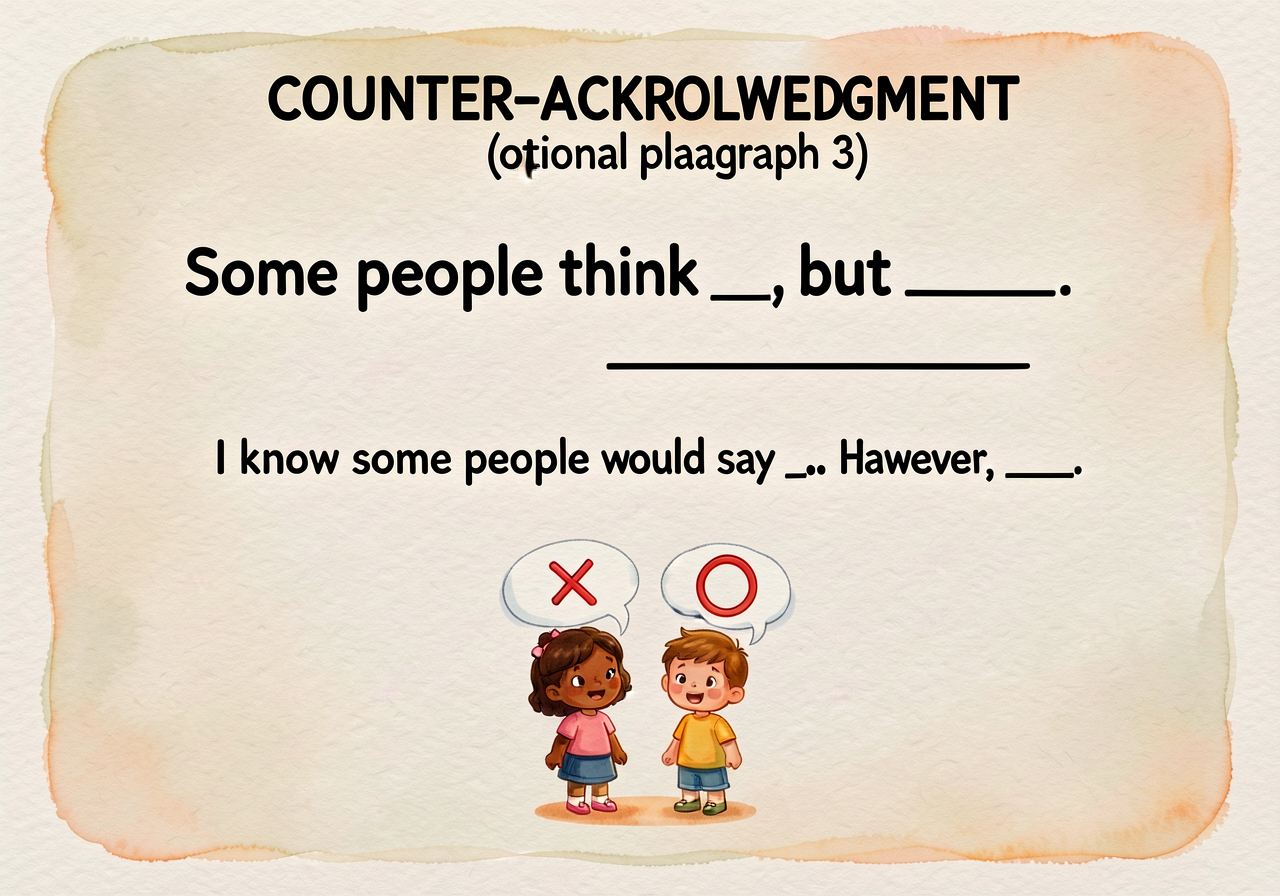Anchor card titled 'COUNTER-ACKNOWLEDGMENT (optional paragraph 3)': two sentence frames printed large — 'Some people thi