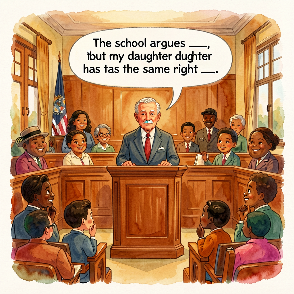 Watercolor illustration of the courtroom-scene spread from Separate Is Never Equal: Sylvia Mendez's father at a podium, 
