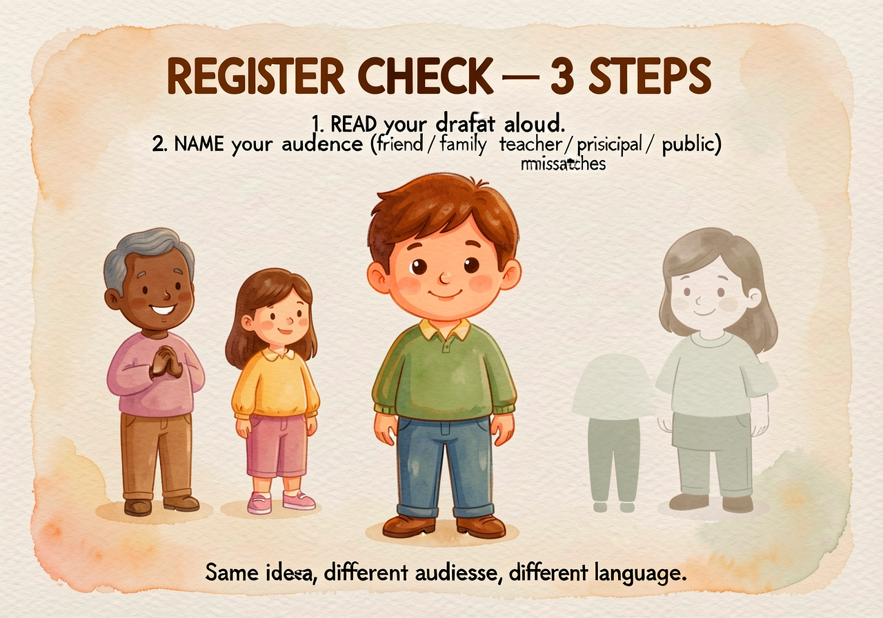 Anchor card titled 'REGISTER CHECK — 3 STEPS': 1. READ your draft aloud. 2. NAME your audience (friend / family / teache