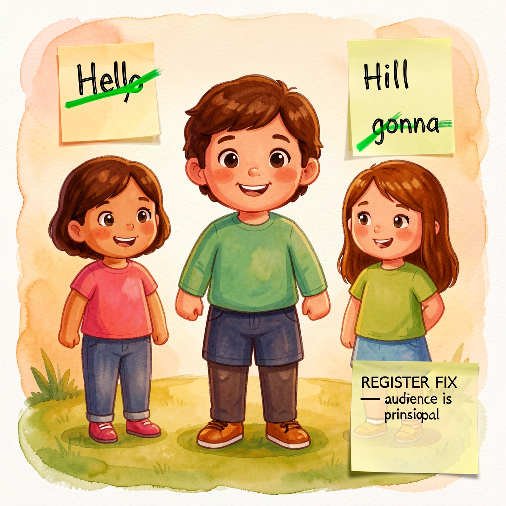 Reference image of a Grade-2 draft with two register fixes shown in green pencil: 'Hey' crossed out, 'Hello' written abo