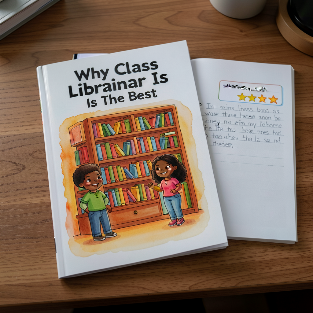 Photo of a finished Grade-2 Opinion Anthology booklet from a previous year, displayed on a wood desk: cover visible (tit