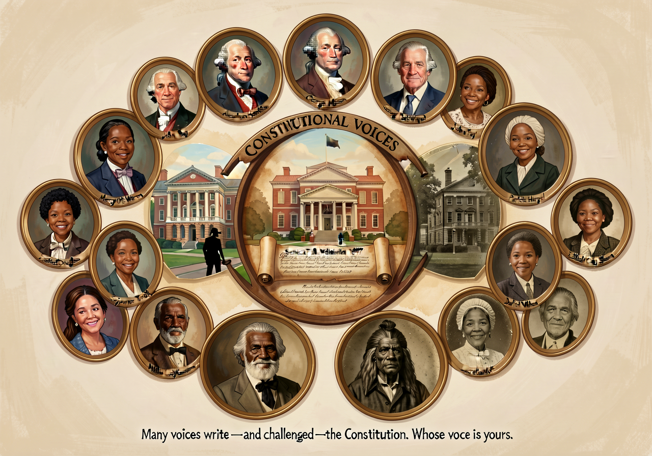 Unit-opener splash illustration: a half-page wide spread showing a 'Constitutional Voices' wheel with 16 portrait medall