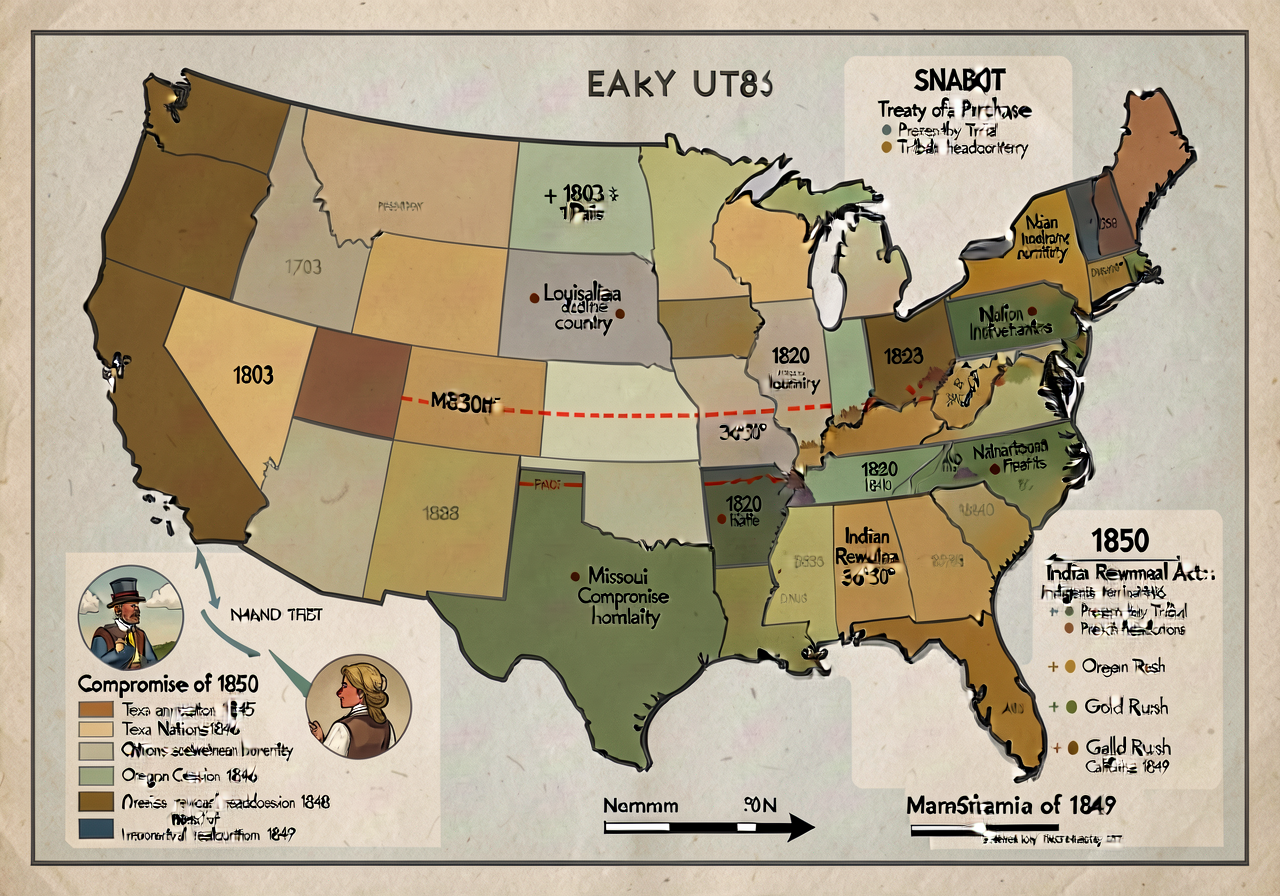 Map of the early United States from 1783 to 1850 with five SNAPSHOT overlays selectable: 1783 (Treaty of Paris boundarie
