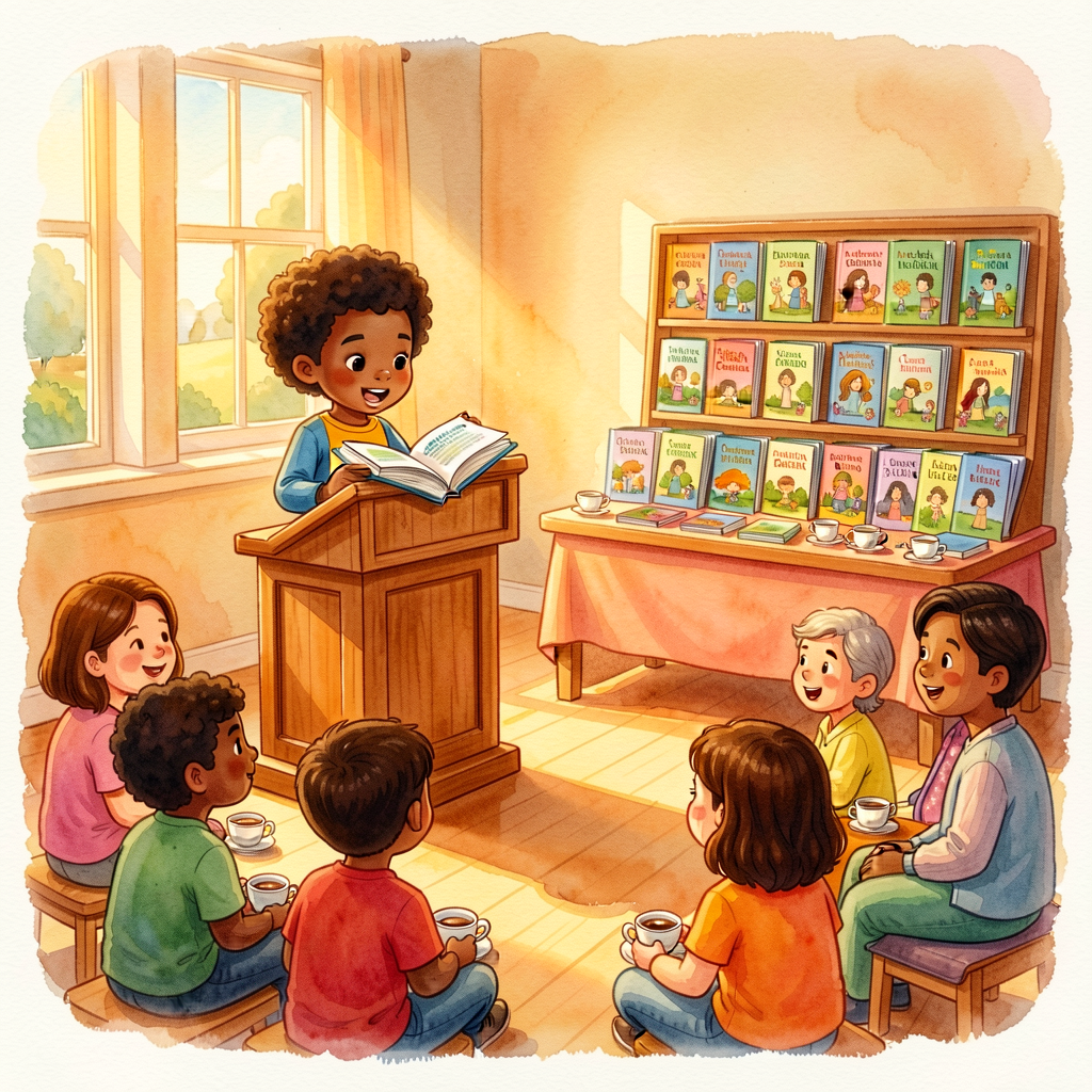 Watercolor illustration of the Author's Chair Reception: a Grade-2 multicultural child standing at a small podium with t