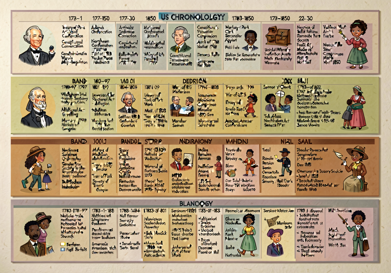 Chronology Strip — 4-band 36-inch × 4-strip laminated wall display. BAND 1 (top): US national chronology 1783-1850 with 