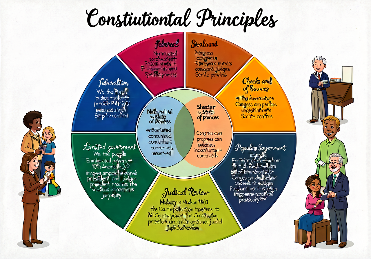 Constitutional Principles 6-Wheel poster: federalism (with national vs. state powers Venn diagram of enumerated + concur