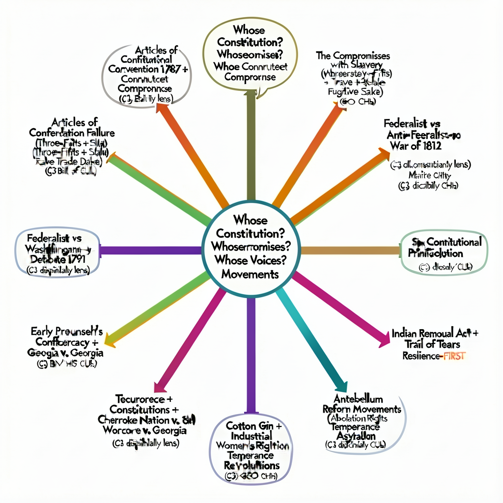 12-Thread Concept Map for G5-Spring — central node 'Whose Constitution? Whose Compromises? Whose Voices? Whose Movements