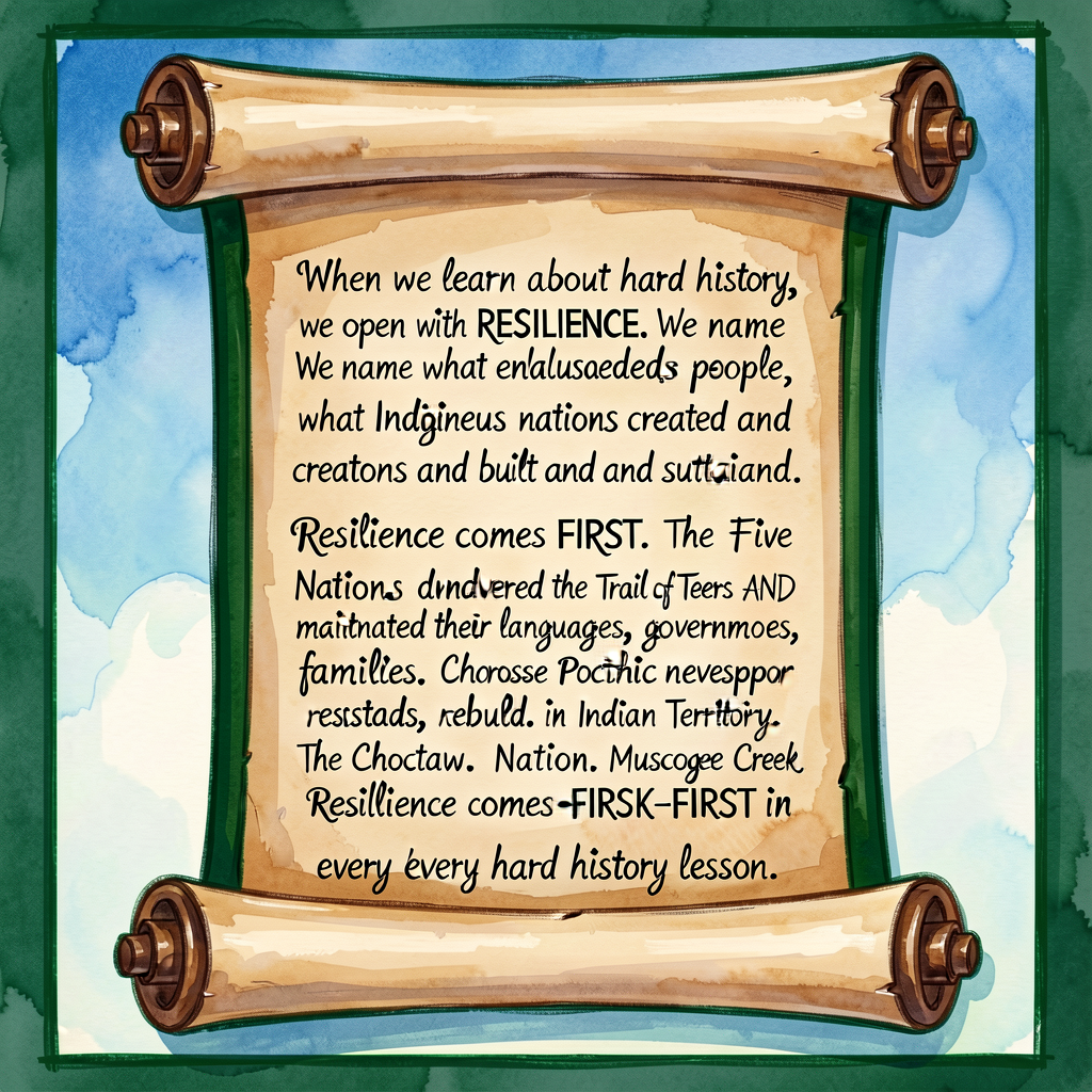 Resilience-FIRST Promise scroll (continued from G4-Spring through G5-Fall as PRIMARY anchor) — deep-green-bordered scrol
