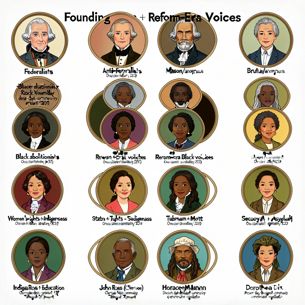 Founding-Era + Reform-Era Voices Gallery 16-portrait grid: 4 × 4 = 16 portraits each with name + dates + one-sentence-id