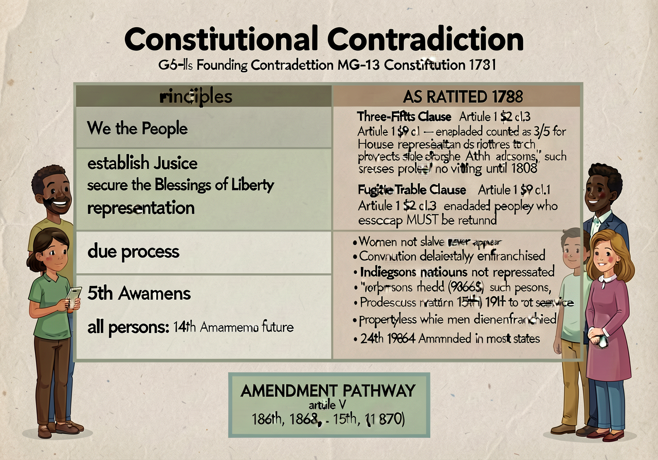 Constitutional Contradiction T-Chart (extending G5-Fall's Founding Contradiction MG-13 from the Declaration to the Const